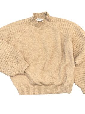 THE LABEL NY Fuzzy Mock Neck Balloon Sleeve Sweater Neutral Oatmeal Beige Medium